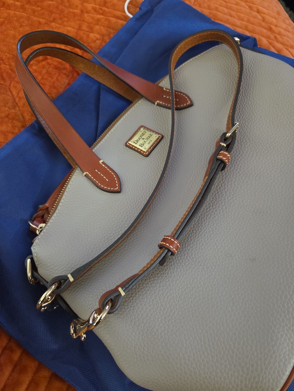 Dooney & Bourke Pebble Leather Satchel in Light Gray with Brown Trim